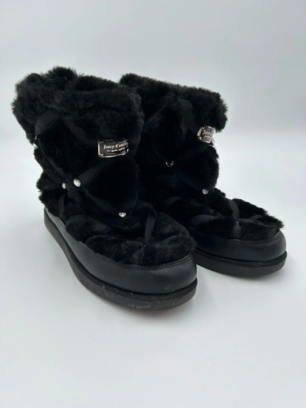 Juicy Couture Black Knockout Faux Fur Crystal Trim Winter Boots 8